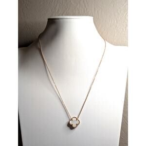 18K Rose Gold Plated Two Sided Quatrefoil Mother of Pearl CZ Pendant Necklace